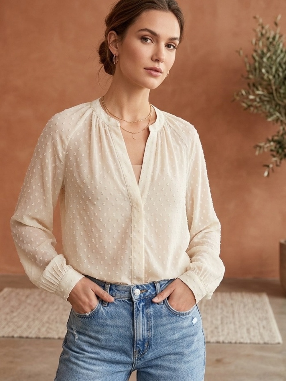 ZARA Cream Swiss Dot Sheer Button Up Blouse Top XS